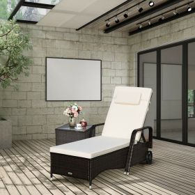 Patio Wicker Chaise Lounge Chair with Wheels Adjustable Reclining Chair with Cushions