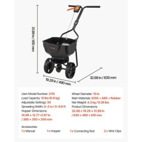 Walk-Behind Spreader, 9.8ft Spreading Width, Push Broadcast Spreader With 10" All-Terrain Tires, Adjustable Flow Control, 15lbs Capacity Hopper, (Option: Black)