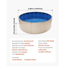 15ft Pool Liner, Round Overlap Swimming Pool Liner For 54 In Wall Height, Premium Vinyl, Easy Install With Leak-Proof Patches, Designed For Steel (Option: Black)