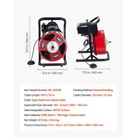 Drain Cleaner Machine 50 FT X 1/2 Inch, Manual Feed Sewer Snake Auger With 4 Cutters & Air-Activated Foot Switch For 2" To 6" Pipes (Option: Black)
