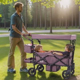Wagon Stroller For 2 Kids, Push Pull Quad Collapsible Stroller With Adjustable Handle, Encircling Harness Removable Canopy,4 Wheels W/ Brakes,Mut (Option: Purple)