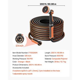 Garden Hose, 200 Ft 5/8" Heavy Duty Rubber Water Hose With 10 Mode Nozzle, 150PSI Working & 600PSI Burst, Flexible & Non-kink Outdoor Waterhose W (Option: default)