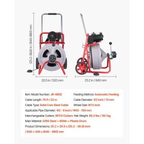 Drain Cleaner Machine 75 FT X 1/2 Inch, Auto Feed Sewer Snake Drain Auger On Wheels, Portable Drain Cleaning Machine With 8 Cutters & Air-Activat (Option: Black)