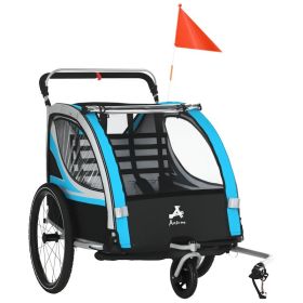 3-in-1 Bike Trailer for Kids, Running Stroller with 2 Seats, Jogging Cart with 5-Point Harness, Storage Units, Blue (Option: Blue-750x220x860 mm)