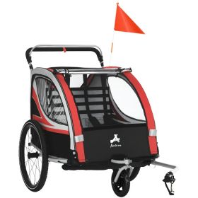 3-in-1 Bike Trailer for Kids, Running Stroller with 2 Seats, Jogging Cart with 5-Point Harness, Storage Units, Red (Option: Red-750x220x860 mm)