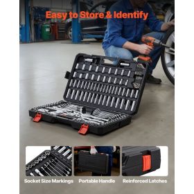 Mechanics Tool Set, 159-Piece Mechanic Tool Kit, 1/4 In, 3/8 In, And 1/2 In Drive, SAE And Metric Socket Set, Wrenches, Screwdriver Bits, Accesso (Option: Black)