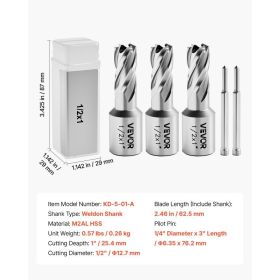Annular Cutter Set, 5 Pcs Weldon Shank Mag Drill Bits Kit, 1" Cutting Depth, 1/2" Cutting Diameter, HSS, 3 Drill Bits With 2 Pilot Pins And 3 Pla (Option: Black)
